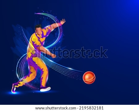 Faceless Bowler Player Throwing Ball And Gradient Lights Line Against Blue Background.