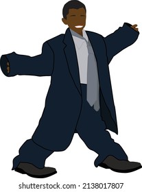 Faceless Boy In Big Oversized Baggy Business Suit Vector Illustration Walking Over White Background.