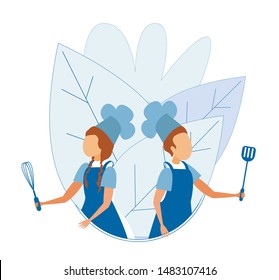 Faceless Boy and Girl in Cook Uniform Standing with Utensil over Flat Plants Leaves. Cartoon Chef Children Characters Holding Beater and Turner. Little Helpers on Kitchen. Vector Illustration