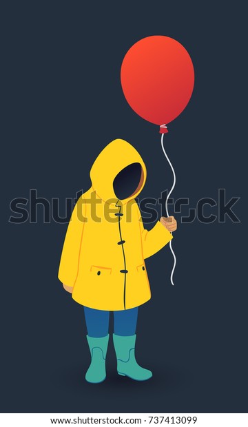黄色いレインコートを着た顔のない少年が赤風船を持つ 暗い背景にホラーベクターイラスト のベクター画像素材 ロイヤリティフリー