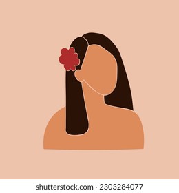 Faceless brunette with a red flower in her hair. Flat vector illustration. EPS 10.	