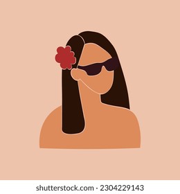 Faceless brunette in sunglasses with a red flower in her hair. Flat vector illustration. EPS 10