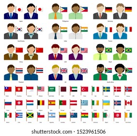 Faceless business person with national flags set . Flat vector illustration. National flag changeable. 