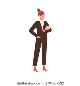 Faceless business woman silhouette in fashionable suit, costume holding folder papers. Office manager, worker secretary in stylish shoes. Flat vector cartoon illustration isolated on white background