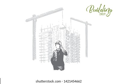 Faceless businessman, foreman in hard hat talking on phone, industrial lifting cranes, architect profession. Building business, construction site concept sketch. Hand drawn vector illustration