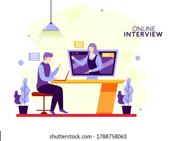 Faceless Businessman And Woman Taking Video Calling Each Other From Digital Devices For Online Interview Concept.