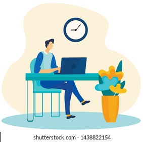 Faceless Businessman Working on Laptop in Clean Office Cartoon. Business Man Entrepreneur Typing on Computer Keyboard. Manager, Worker, Boss, Financier at Workplace. Vector Cartoon Flat Illustration