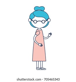 faceless caricature full body elderly woman in dress with collected hairstyle and glasses in color section silhouette vector illustration
