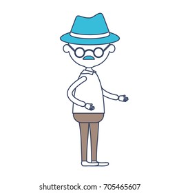 faceless caricature full body elderly man in clothes with moustache and hat with glasses in color section silhouette vector illustration