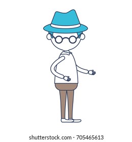 faceless caricature full body elderly man in clothes with hat with glasses in color section silhouette vector illustration