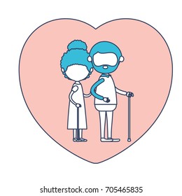 faceless caricature full body elderly couple in heart shape greeting card embraced with bearded grandfather in walking stick and grandmother with curly bun hair in color section silhouette vector