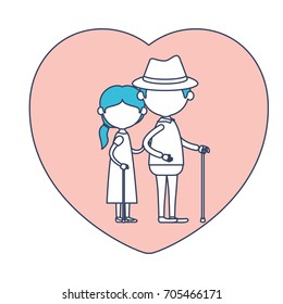 faceless caricature full body elderly couple in heart shape greeting card embraced with grandfather with hat and moustache in walking stick and grandmother with collected hair in color section