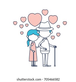 faceless caricature full body elderly couple embraced with floating hearts grandfather with hat in walking stick and grandmother with side ponytail hair in color section silhouette vector illustration