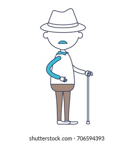 faceless caricature full body elderly man with walking stick in clothes with moustache and hat in color section silhouette vector illustration