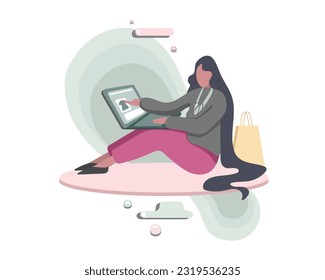 Caricatura sin rostro, chica de cabello negro elige vestirse en una laptop. Gente comprando comida y ropa en línea color 2d gráfico. Ilustración de estilo plano vectorial sobre fondo blanco