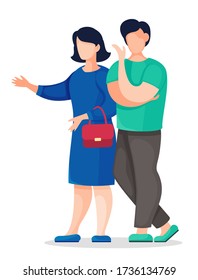 Faceless cartoon characters isolated at white background. Young couple of girl in blue dress and man in shirt with trousers talking. Friends communicating. Brunette with red bag, thoughtful man