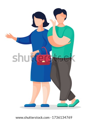Faceless cartoon characters isolated at white background. Young couple of girl in blue dress and man in shirt with trousers talking. Friends communicating. Brunette with red bag, thoughtful man