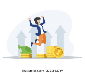 Faceless cartoon girl jumping for happiness successful deal making profit. Concept of banking services. Modern finance management process. Business investment profit. Vector