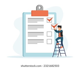 Faceless cartoon guy check off completed items on to do list. Cartoon characters making notes. Work planning and time management concept with people. Vector illustration