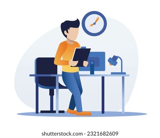 Faceless cartoon guy walks with tablet with documents to meeting at work in office in front of clock. Working day in office. Vector flat style illustration