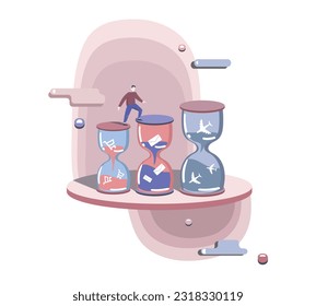 Faceless cartoon man stepping on sand clock. Work and life balance, daily routine color 2d vector graphic. Flat style illustration on white background