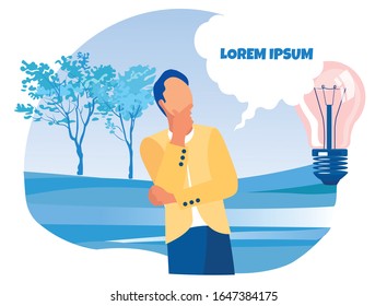 Faceless Cartoon Thoughtful Businessman Character in Formal Suit Thinking and Creating New Idea. Huge Glowing Light Bulb. Nature Landscape. TExt in Speech Bubble. Vector Flat Illustration