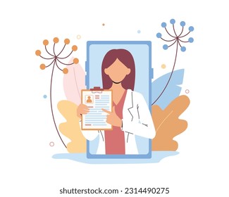 La caricatura sin rostro de la mujer doctora apunta a la forma paciente. Ayuda médica profesional. Realizar diagnósticos y tratar en línea de forma remota. Ilustración del vector sobre fondo blanco