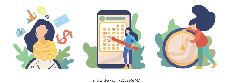 Faceless cartoon woman marks completed work tasks and plans work time. Multitasking skills for effective time management. Flat style illustrations set on white background