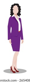 Mulher caucasiana sem rosto, com cabelo encaracolado no ombro, de pé, com as mãos ao lado. Vestido com um terno de negócios inteligente com saltos altos, exalando profissionalismo e confiança.