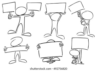 Faceless character with banners and signs