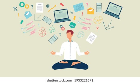 Carácter sin rostro de empresario meditando para distraerse del trabajo y el flujo de información, ilustración vectorial plana. Banner de yoga de negocios y desintoxicación digital.