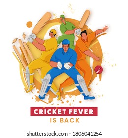 Faceless Character of Cricket Players in Different Poses and Yellow Brush Stroke Effect on White Background.