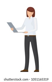 Faceless character in formal office clothes stands and holds open modern silver laptop isolated cartoon flat vector illustration on white background.