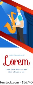 Faceless Character of Male Musician with Saxophone Stand on Stage with Backstage and Spotlights. Young Man Instrumentalist Prepare for Performance. Cartoon Flat Vector Illustration. Vertical Banner.