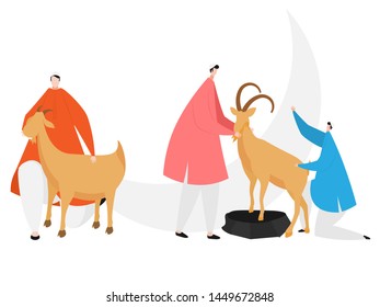 Faceless character of man wearing their traditional clothes and holding goat on white background concept for Islamic festival.