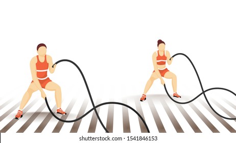 Faceless character of man and woman doing battle rope exercise for Fitness concept.