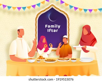 Faceless Character Of Muslim Family Enjoying Or Celebrating Iftar Party At Home.
