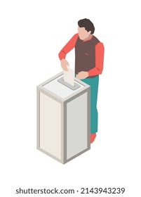 Faceless character putting ballot into election box 3d isometric icon vector illustration