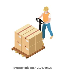 Faceless character of warehouse worker carrying cardboard boxes on wooden hand pallet truck 3d isometric vector illustration