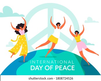 Faceless Character of Young Girls Dancing or Jumping on White Background for International Peace Day.