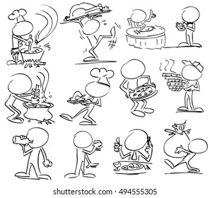 Faceless characters cooking and eating