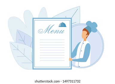Faceless Chef Portrait in Circle Surrounded Plants Leaves. Restaurant or Cafe Cook Male Character in Uniform Holding Empty Board Menu Template. Vector Flat Cooking Dishes List Illustration