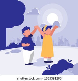 faceless children in park in the city vector illustration design