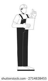 Trabajador de la construcción sin rostro que sostiene el Portapapeles que apunta hacia arriba el carácter de línea 2D. Supervisor del gerente de proyecto en persona de contorno de tinta de Vector aislada de uniforme y casco. Ilustración de punto monocromático