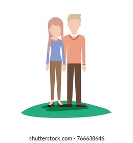 faceless couple colorful scene outdoor and her with blouse long sleeve and pants and heel shoes with braid and fringe hairstyle and him with sweater and pants and shoes with side parted hairstyle