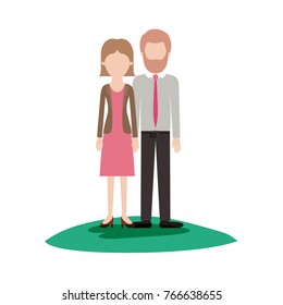 faceless couple colorful scene outdoor and her with blouse and jacket and skirt and heel shoes with short straight hairstyle and him with shirt and tie and pants and shoes with short hair and bearded