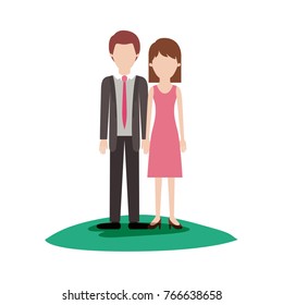 faceless couple colorful scene outdoor and him with suit and tie and pants and shoes with short hair and her with dress and heel shoes with mid length hair