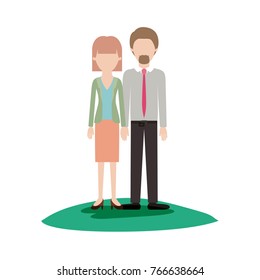 faceless couple colorful scene outdoor and her with blouse and jacket and skirt and heel shoes with mushroom hairstyle and him with shirt and tie and pants and shoes with short hair and goatee beard