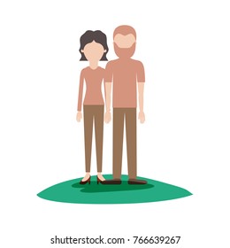 faceless couple colorful scene outdoor and her with blouse long sleeve and pants and heel shoes with short wavy hair and him with t-shirt and pants and shoes with short hair and beard