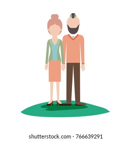 faceless couple colorful scene outdoor and her with blouse and jacket and skirt and heel shoes with collected hair and him with beard and sweater and pants and shoes with taper fade haircut